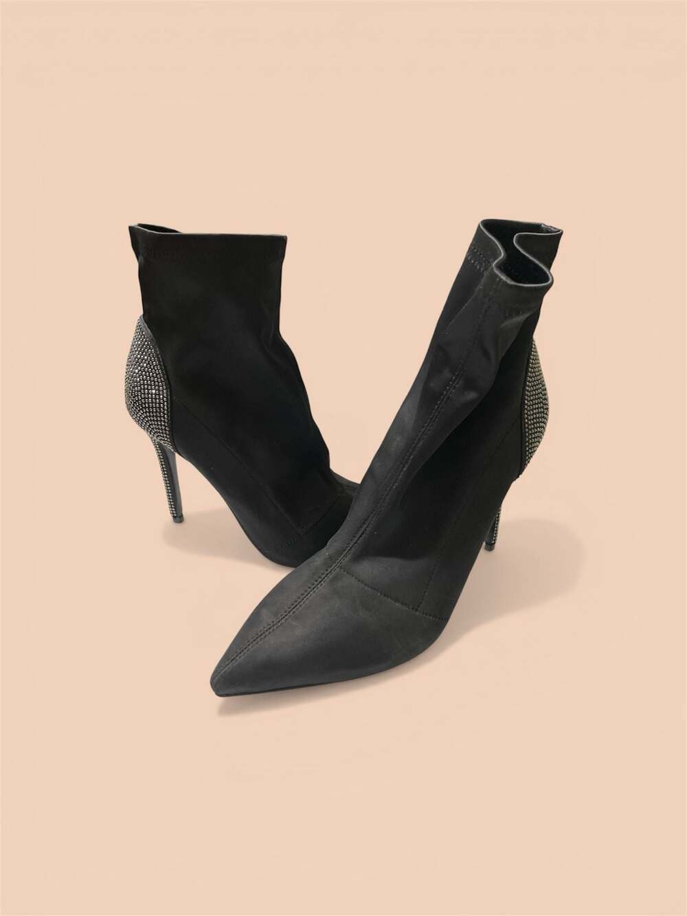 Lauren Lorraine Monique Black Satin Rhinestone Embellished Sock Booties